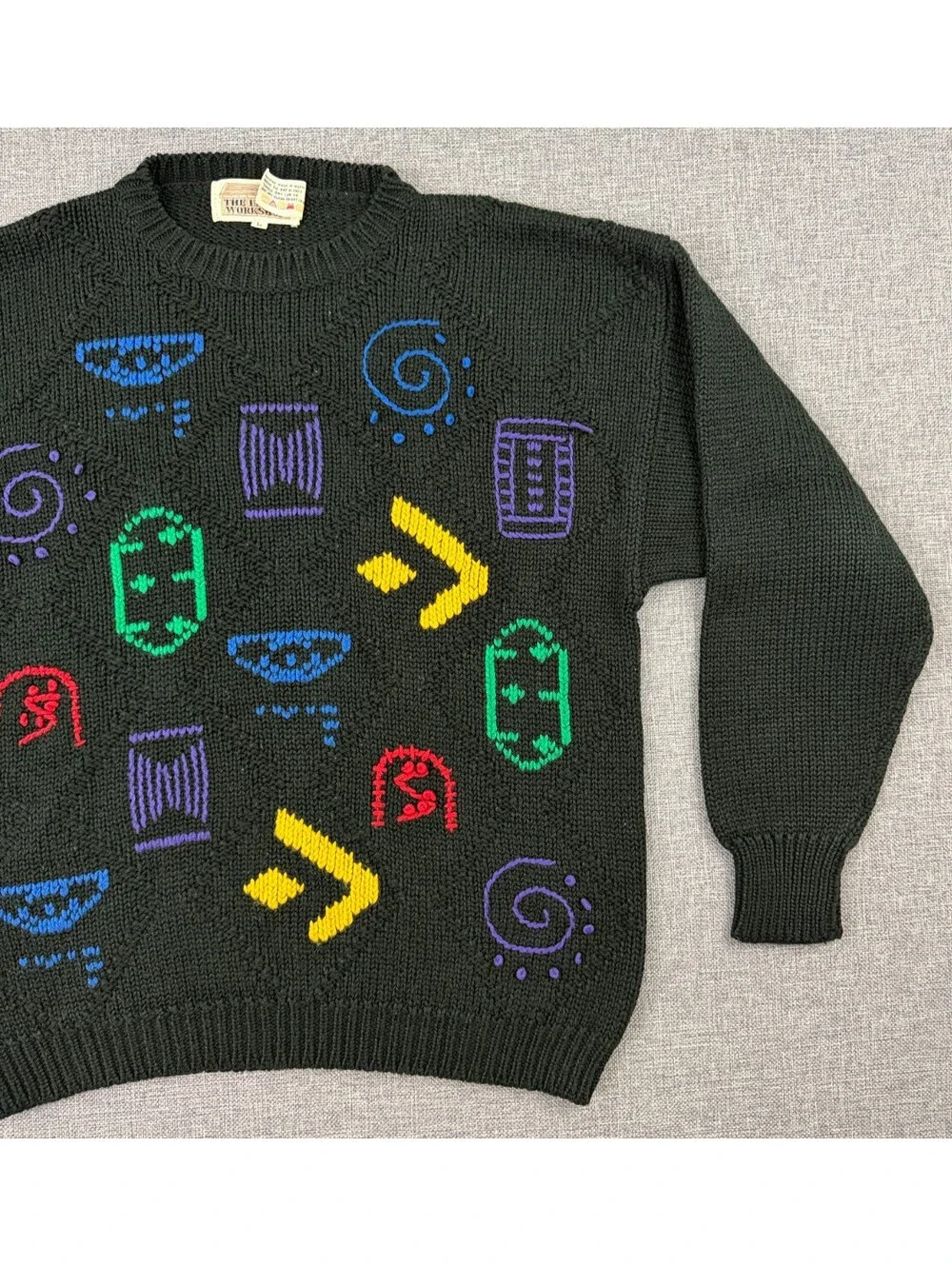 Vintage Abstract Geometric Black Raised Knit Sweater Size M The Import Workshop